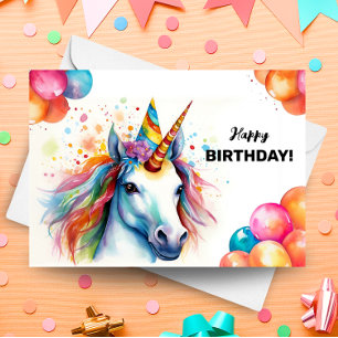 Rainbow Unicorn Balloons und Party Hat Geburtstag Karte