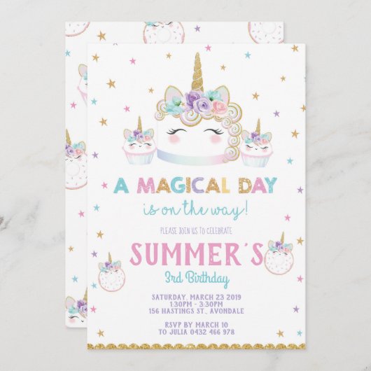 Rainbow Unicorn Birthday Cake Einladung Cupcake (Vorne/Hinten)