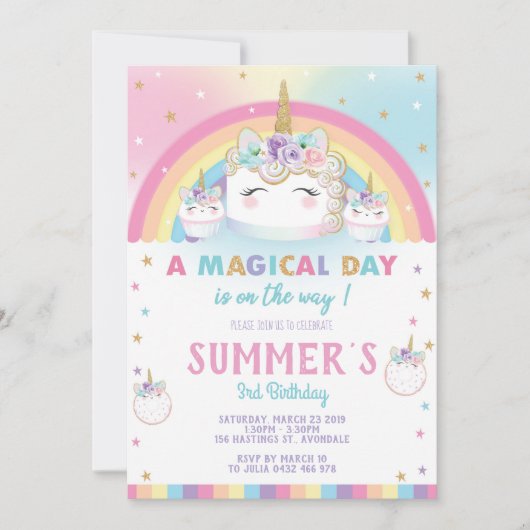 Rainbow Unicorn Birthday Cake Invitation Cupcake Einladung (Vorderseite)