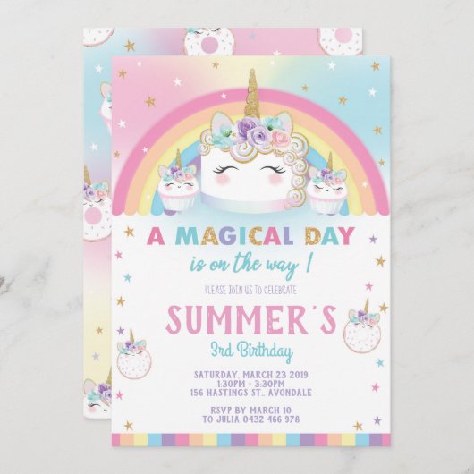 Rainbow Unicorn Birthday Cake Invitation Cupcake Einladung (Vorne/Hinten)