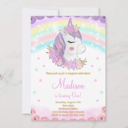 Rainbow Unicorn Birthday Einladung (Vorderseite)