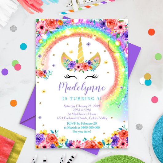 Rainbow Unicorn Birthday Einladung Black Lashes
