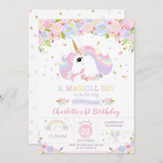 Rainbow Unicorn Birthday Einladung Hübsche Blüte (Vorne/Hinten)
