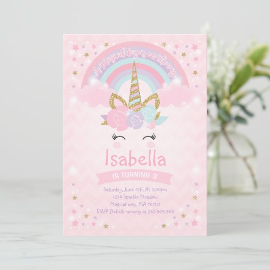 Rainbow Unicorn Birthday Einladung Pink Gold (Stehend Vorderseite)