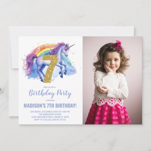 Rainbow Unicorn Birthday Einladungen Foto (Vorderseite)