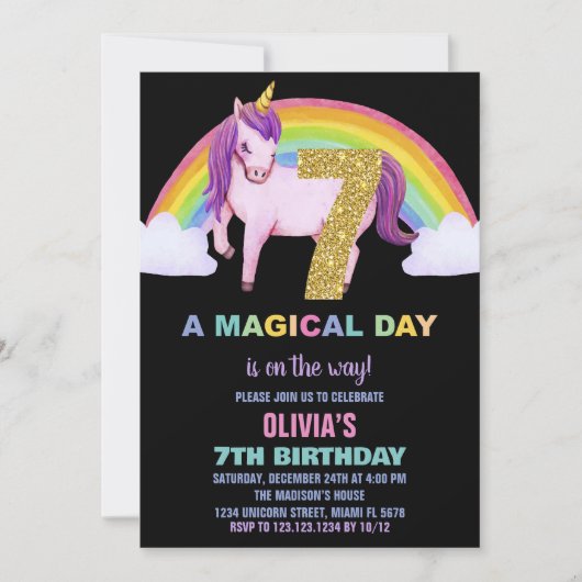 Rainbow Unicorn Birthday Einladungen Glitzer (Vorderseite)