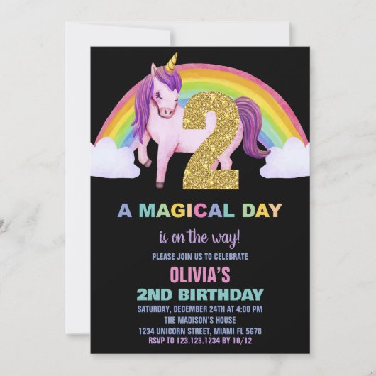 Rainbow Unicorn Birthday Einladungen Glitzer (Vorderseite)