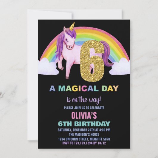 Rainbow Unicorn Birthday Einladungen Glitzer (Vorderseite)