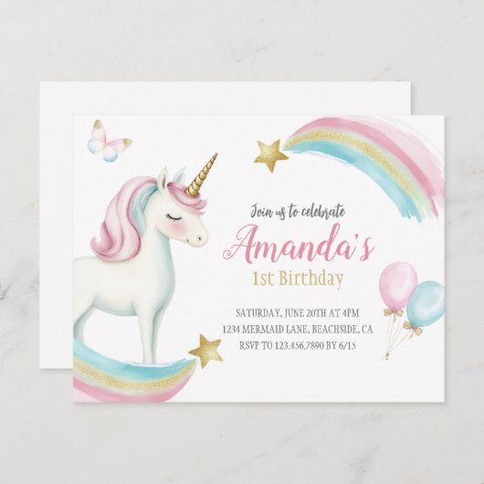 Rainbow Unicorn Birthday Girls Pastel Einladung (Vorne/Hinten)