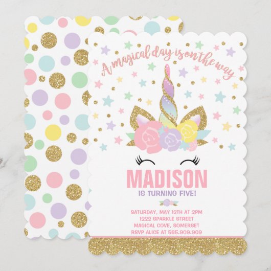 Rainbow Unicorn Birthday Invitation Pink Gold Einladung (Vorne/Hinten)