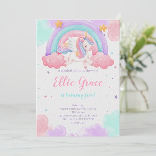 Rainbow Unicorn Birthday Magical Unicorn Einladung (Stehend Vorderseite)