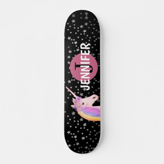 Rainbow Unicorn Black Pink Monogram Personalisiert Skateboard (Vorne)