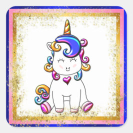 Rainbow Unicorn Blue, Gold Glitzer Quadratischer Aufkleber