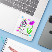 Rainbow Unicorn, Blume und Name Aufkleber (Laptop mit iPhone)