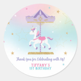 Rainbow Unicorn Carousel 1. Geburtstag Gold Glitze Runder Aufkleber