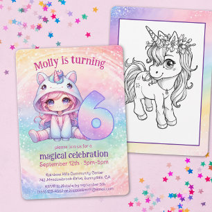 Rainbow Unicorn chibi Giri 6. Geburtstag Einladung