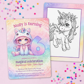 Rainbow Unicorn chibi Giri 6. Geburtstag Einladung