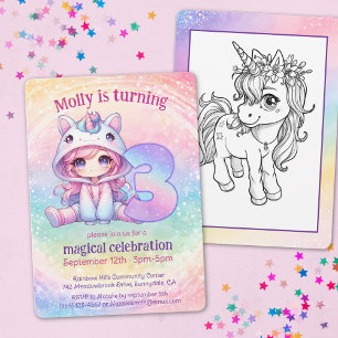 Rainbow Unicorn chibi Girl 3. Geburtstag Einladung