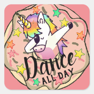 Rainbow Unicorn Dab Dance Pose Peach Pink Donut Quadratischer Aufkleber