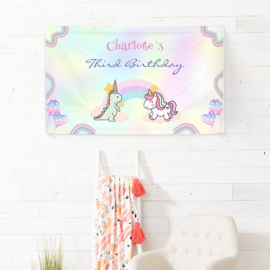 Rainbow Unicorn & Dinosaur Friends Birthday Party Banner (Insitu)