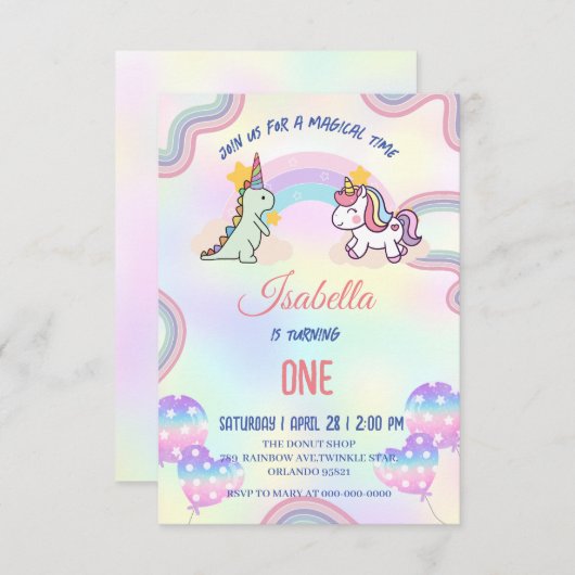 Rainbow Unicorn & Dinosaur Friends Birthday Party Dankeskarte (Vorne/Hinten)