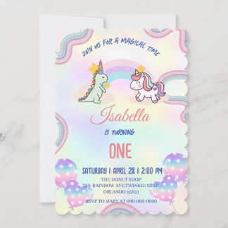 Rainbow Unicorn & Dinosaur Friends Birthday Party Einladung