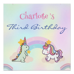 Rainbow Unicorn & Dinosaur Friends Birthday Party Poster