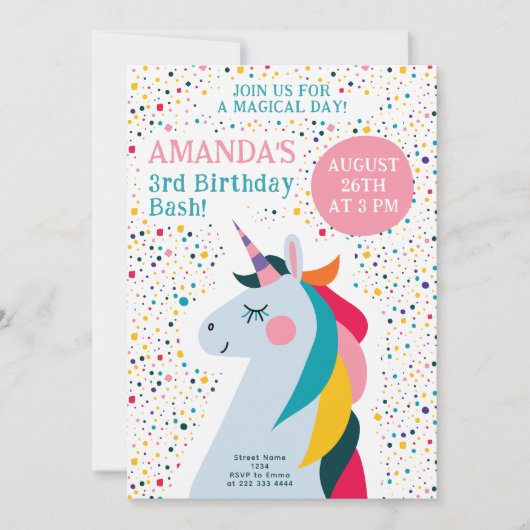 Rainbow Unicorn Editable Birthday Design Einladung (Vorderseite)