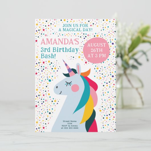 Rainbow Unicorn Editable Birthday Design Einladung (Stehend Vorderseite)