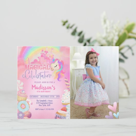 Rainbow Unicorn Einladung (Stehend Vorderseite)