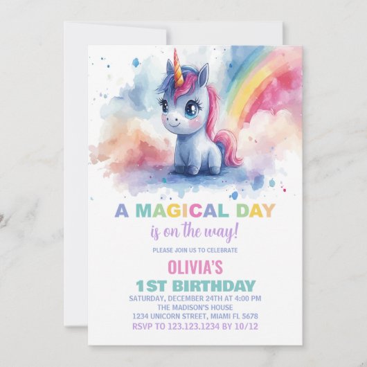 Rainbow Unicorn Einladung zum Geburtstag (Vorderseite)