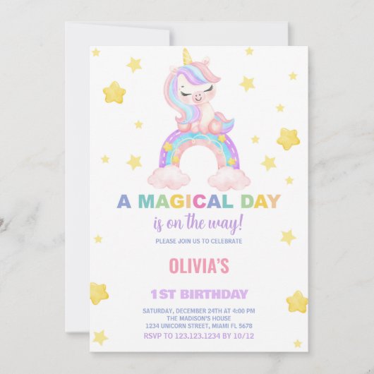 Rainbow Unicorn Einladung zum Geburtstag (Vorderseite)