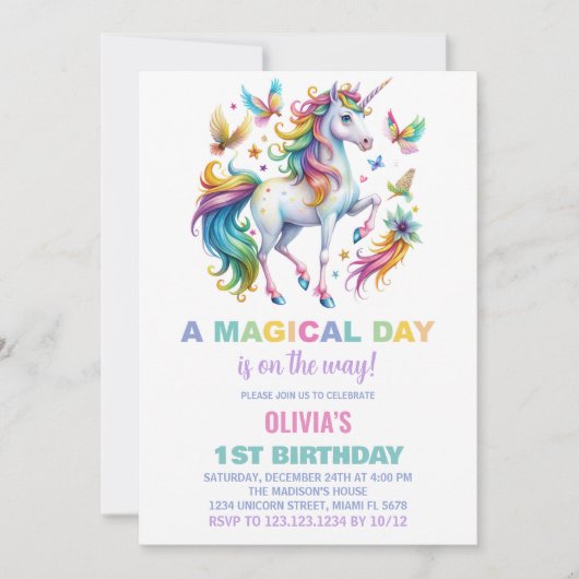 Rainbow Unicorn Einladung zum Geburtstag (Vorderseite)