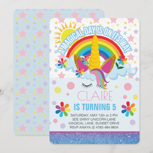 Rainbow Unicorn Einladung zum Geburtstag (Vorne/Hinten)