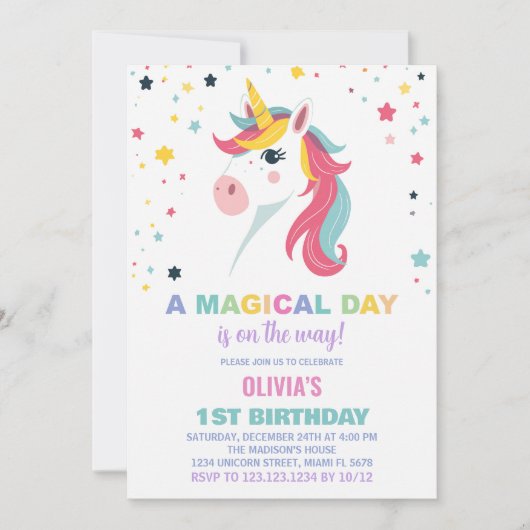Rainbow Unicorn Einladung zum Geburtstag (Vorderseite)