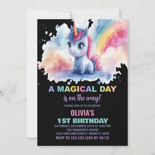 Rainbow Unicorn Einladung zum Geburtstag (Vorderseite)