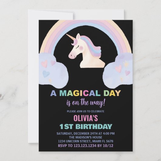 Rainbow Unicorn Einladung zum Geburtstag (Vorderseite)