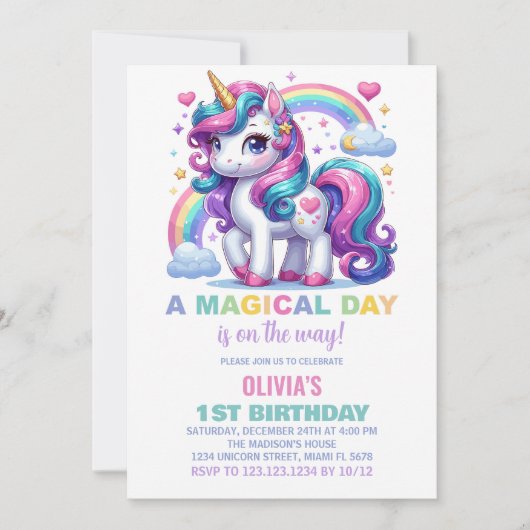 Rainbow Unicorn Einladung zum Geburtstag (Vorderseite)