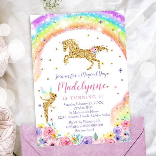 Rainbow Unicorn Fairy Birthday Einladung