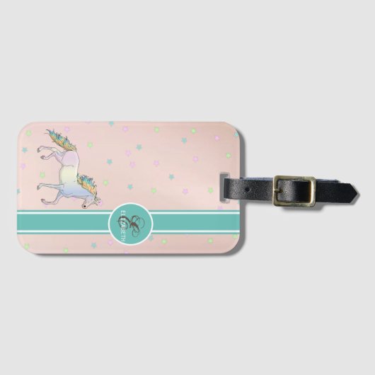 Rainbow Unicorn, farbenfrohe Sterne Monogramm Gepäckanhänger (Vorderseite (Horizontal))