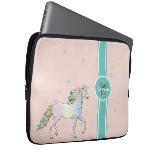 Rainbow Unicorn, farbenfrohe Sterne Monogramm Laptopschutzhülle (Vorne Rechts)