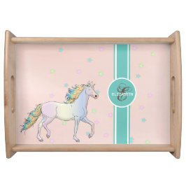 Rainbow Unicorn, farbenfrohe Sterne Monogramm Serviertablett