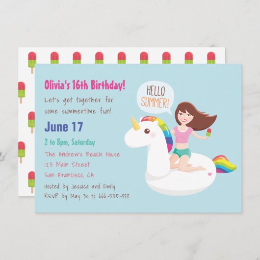 Rainbow Unicorn Float Summer Birthday Party Einladung (Vorne/Hinten)