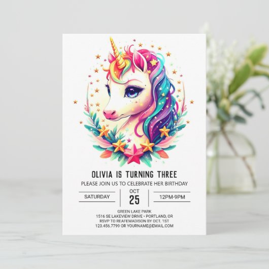 Rainbow Unicorn Geburt Einladung (Stehend Vorderseite)