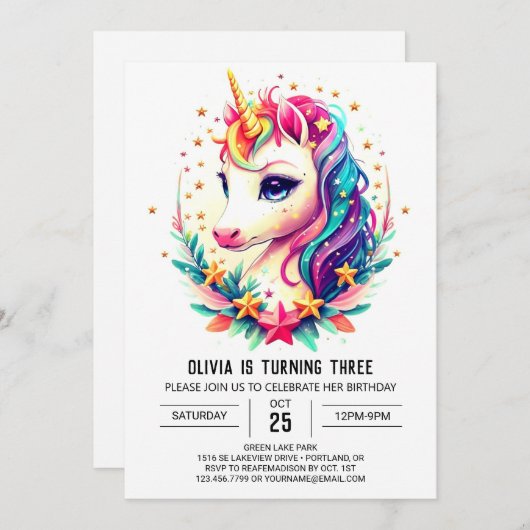 Rainbow Unicorn Geburt Einladung (Vorne/Hinten)