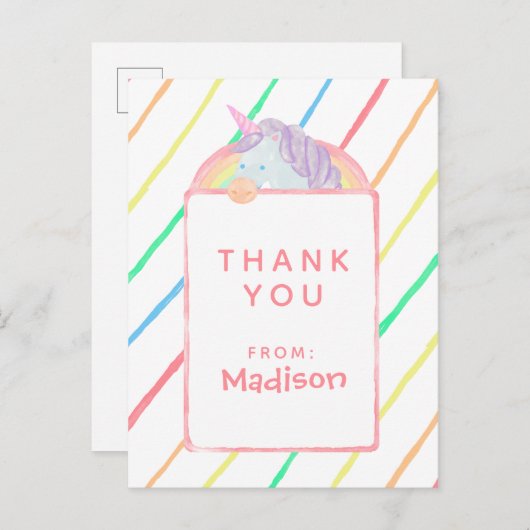 Rainbow Unicorn Geburt | Vielen Dank Einladungspostkarte (Vorne/Hinten)
