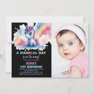 Rainbow Unicorn Geburtstag Einladung mit Foto