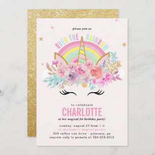 Rainbow Unicorn Geburtstag Einladung Pink Gold