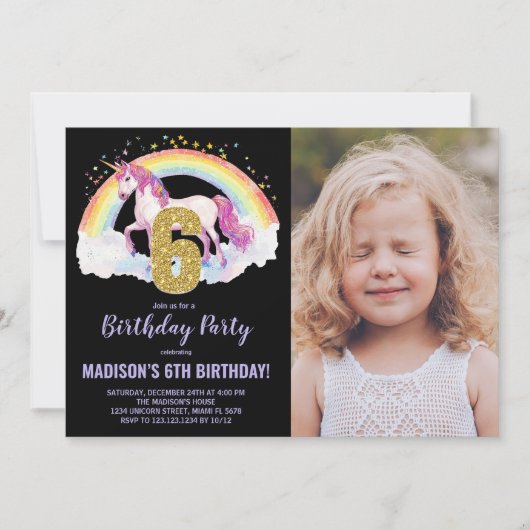 Rainbow Unicorn Geburtstag Einladungen Foto (Vorderseite)