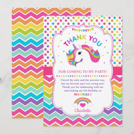 Rainbow Unicorn Geburtstagsparty Danke Karte (Vorne/Hinten)
